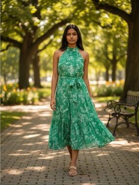 Lulu's Green Floral Halter Midi Dress with Tie Waist